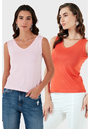 Lela Slim Fit V Yaka Kalın Askılı 2' Li Paket Bayan Bluz 5864384S2 Toz Pembe-Nar Çiçeği