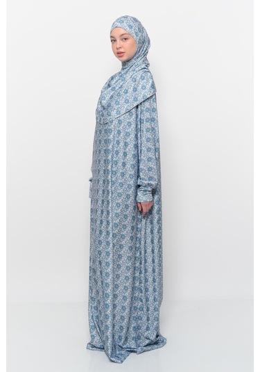 Pratik Tek Parça Güneş Desenli Kollu Tak Çıkar Başörtülü Likralı Tesettür Namaz Elbisesi 990-0302 Açık Petrol Antrasit