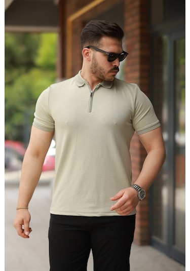 Erkek Fermuarlı Yaka Kısa Kollu Tişört Yeşil
