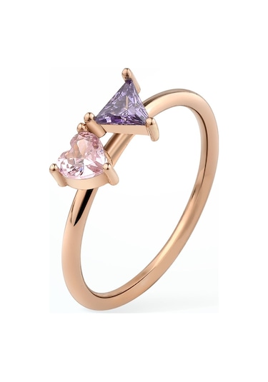 14 Ayar Altın Kaplama Kalp Ve Üçgen Renkli Taşlı Yüzük - Rs00113 Altın