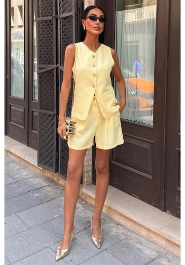 Gold Düğme Detaylı Yelek Şort Cotton Takım 10208 Altın
