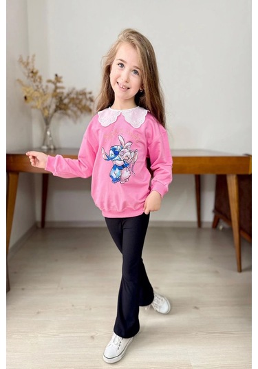 Yaka Detaylı Stitch Desenli Pembe Renk Kız Çocuk Takım Pembe