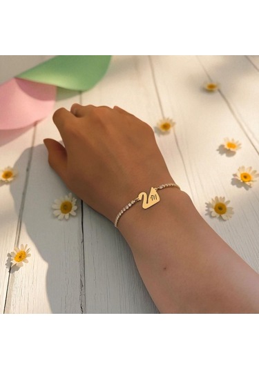 Archin M Harfine Özel Beyaz Taş Detaylı Kuğu Kuşu Motifli 14 Ayar Altın Plakalı Hediye Bileklik-601harf M