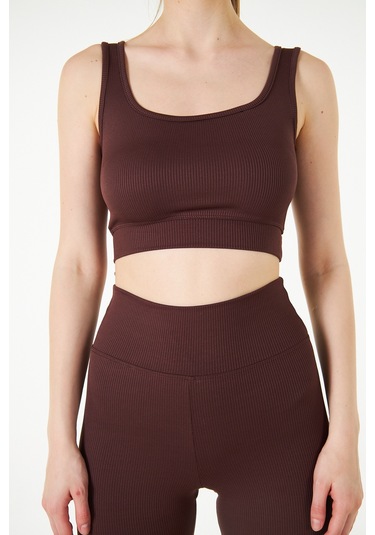 Yeşil Fitilli Kare Yaka Esnek Örme Crop Büstiyer Atlet Kahverengi