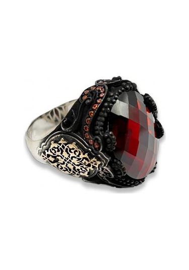 Agakulche Gümüş Erkek Kırmızı Taşlı Damask Desen Yüzük Gümüş