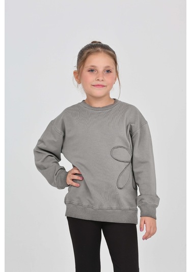 Toontoy Kız Çocuk Çiçek Nakışlı Sweatshirt Füme Melanj