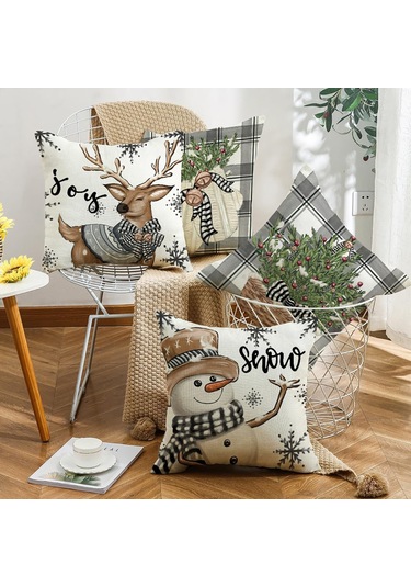 Moveevo 4 Adet Kış Dekoratif Yastık Kılıfı - 45x45 Cm, Geyik Ve Kar Tanrısı Desenli Noel Puf Kılıfları Seti Bej