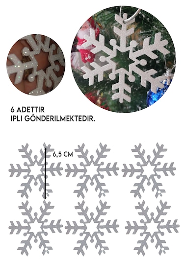 6'lı Gümüş Kar Tanesi Simli Eva Yılbaşı Çam Ağacı Dekorasyon Süs