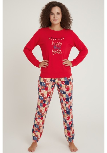 Luxury Thermal Happy New Year Desenli Kadın Polar Kışlık Pijama Takımı 42049 Bordo