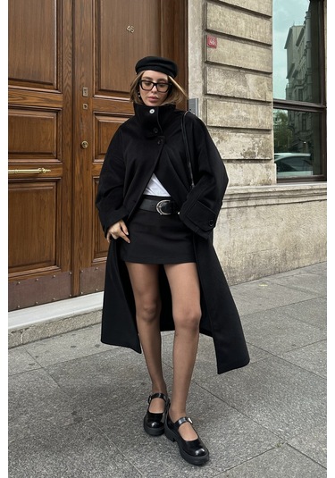 Siyah Vittoria Düğmeli Yaka Kaban - 2511 Siyah