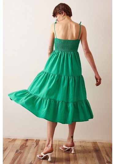 Sırtı Büzgülü Askılı Elbise Yeşil