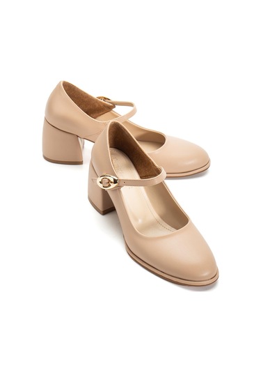 Nude Kadın Kalın Topuklu Ayakkabı Baretli Vardola Kalın Tokalı-4342 Nude