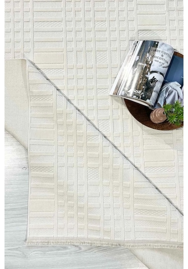 Milan Dokuma Yıkanabilir Bukleli Modern Gri Salon Halısı Mutfak Halısı Yolluk Beyaz