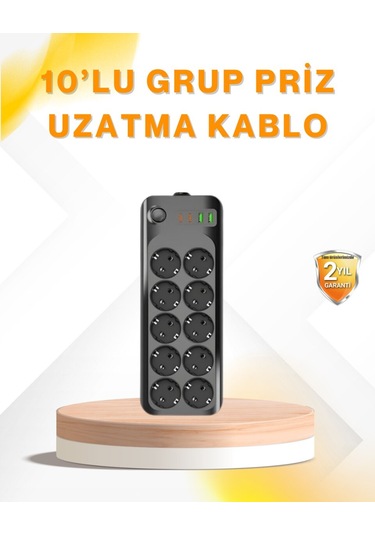 Universal 10 Lu Çoklu Priz Termal Korumalı Usb Type-c Çıkışlı 2500w Uzatma Kablosu