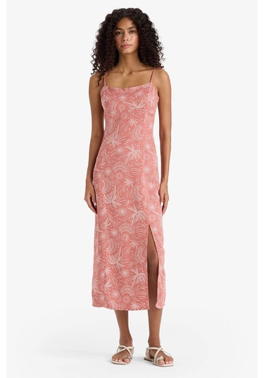 Defacto Kare Yaka Desenli Yırtmaçlı Keten Karışımlı Askılı Midi Elbise F7150ax25smbr154 Bordo