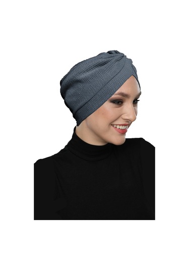 Çapraz Fitilli Penye Koyu Gri Hazır Türban Tesettür Havuz Bonesi Koyu Gri