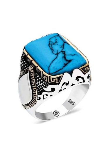 Supertrend Gümüş Turkuaz Taşlı Köşeli Erkek Yüzük Gümüş