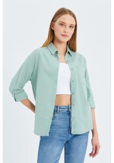 9942 Kadın Oxford Uzun Kol Basic Gömlek Çağla Çağla