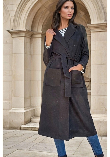 Siyah Şal Yaka, Cepli, Kuşak Detaylı, Astarsız, Uzun Kaban Siyah