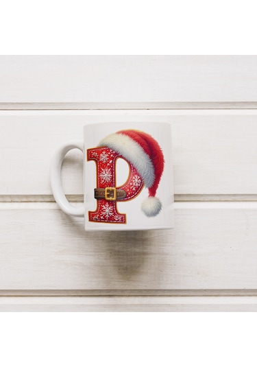 P Harfi Yılbaşı Temalı Bardak 330 Ml Harfli Kişiye Özel Hediye - Yeniyıl / Noel Şapka Tasarım Beyaz