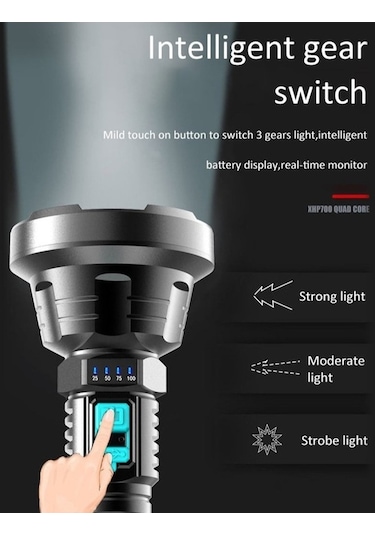Tongxida Usb Şarjlı Güçlü Led Fener, Süper Parlak, Uzun Menzilli Dış Aydınlatma Siyah Siyah