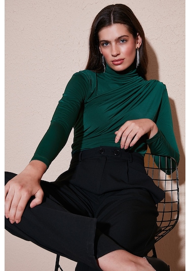 Lela Streç Büzgü Detaylı Slim Fit Dik Yaka Bayan Bluz 669925 Nefti