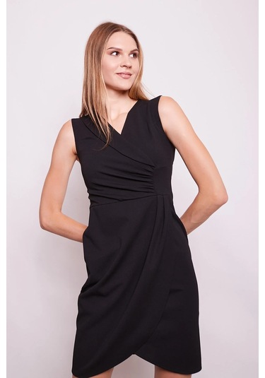 Kruvaze Anvelop Önü Büzgülü Şal Yakalı Kolsuz Likralı Krep Kumaş Elbise-siyah Siyah