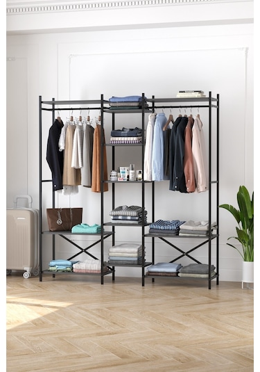 10 Raflı Metal Gardırop Metal Portmanto Açık Gardırop Elbise Dolabı Vestiyer Openix Antrasit