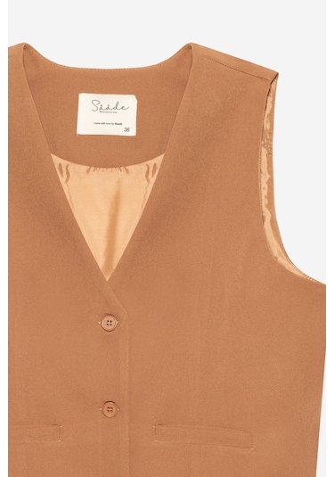 Saade Sââde Kadın V Yaka Düğmeli Klasik Dokuma Blazer Yelek Camel
