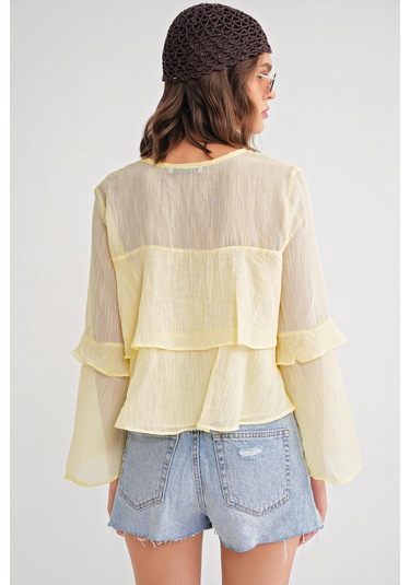 4735 Kadın Uzun Kollu Fırfırlı Bağlamalı Bluz Sarı Sari