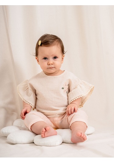 Kd53403 Şile Bezi Nakışlı Bluz & Pantolon Takım 6-36 Ay Somon