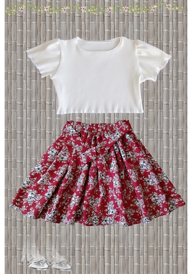 Çocuk Etekli Crop Takım, Çiçekli Koyu Kırmızı Etek - Ekru Crop Ekru-kkırmızı Ekru - Kırmızı