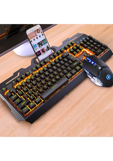 Yındıao V2 Mekanik Hissediyorum Oyun Klavyesi Fare Seti Siyah, Turuncu, Sarı, Işık