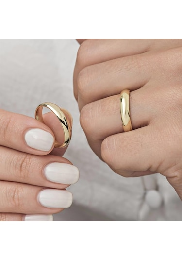 4 mm Bombeli Klasik Düz Altın Kaplama Tek Gümüş Alyans Yüzük