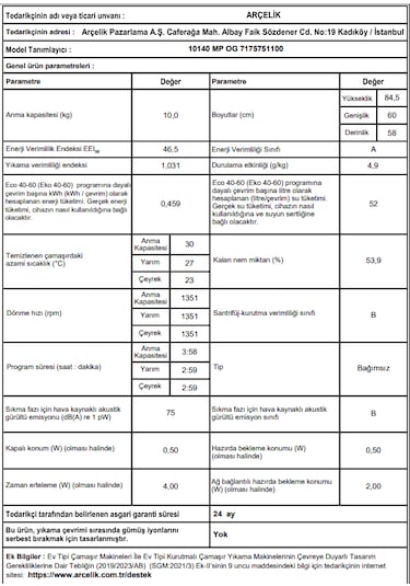 Arçelik 10140 MP OG 1400 Devir 10 KG Çamaşır Makinesi