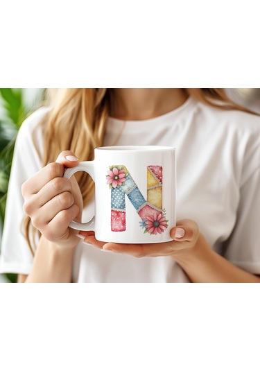 N Harfli Retro Çiçekli Kupa Bardak - Patchwork Tarz Yamalı Desenli İsme Özel Kupa - Hediye 07 Beyaz
