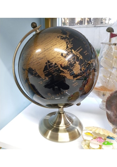 Gold Metal Kaideli Siyah Dünya Küresi 20 X 30 Cm