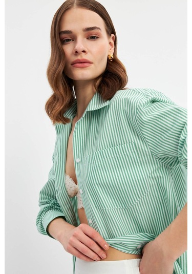 Stella Pulvis Yeşil Oversize Çizgili Tek Cep Gömlek Yeşil