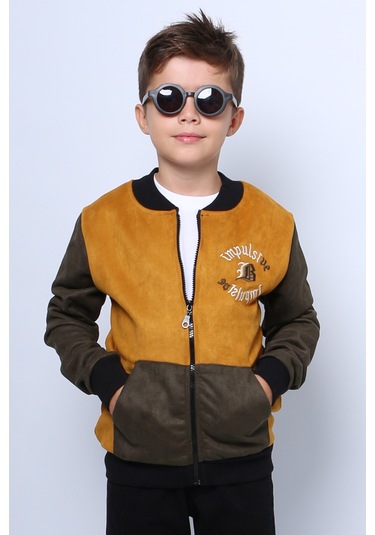 Erkek Çocuk Kolej Ceket Fermuarlı Baskılı Cepli C32 Hardal