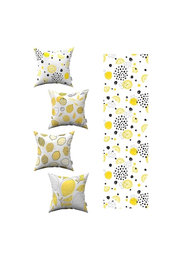 Beyaz Sarı Limon Desenli 4'lü Kırlent Kılıfı 1 Runner Seti 4kmbs91-rs-03
