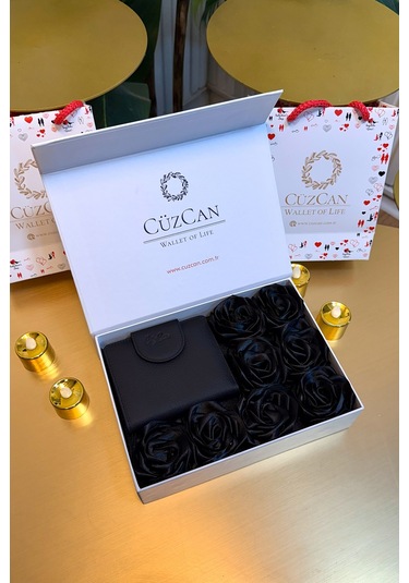 Premium Gift Rose Box - Miosa Siyah Hakiki Deri Kadın Cüzdan Siyah Gül Kutusu Siyah