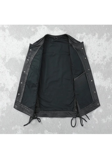 Yanları Deri Ip Bağlamalı Biker Yelek Hakiki Deri