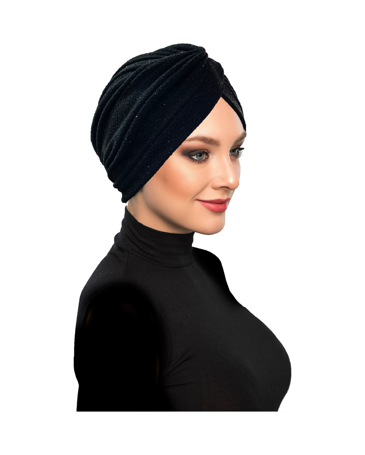 Çapraz Fukuro Simli Astarlı Siyah Hazır Türban Tesettür Abiye Bone Siyah