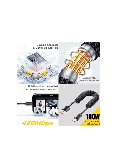 Essager Pd 100w 7a Usb To Type-c 1.2m Yaylı Spiral Data Ve Hızlı Şarj Kablosu, Kopmaz, Karışmaz Kablo