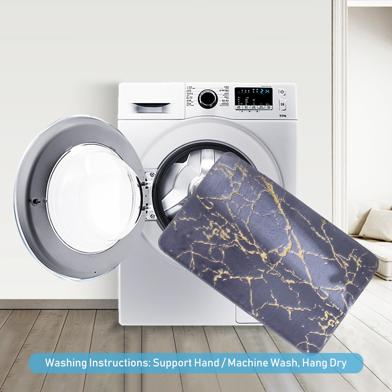 Youmex Siyah Mermer Desenli Yumuşak Tavşan Kürkü Klonu Banyo/pencere Ped 40x60cm - Su Emici, Kayma Engeli, Makine Yıkama Uygun Siyah