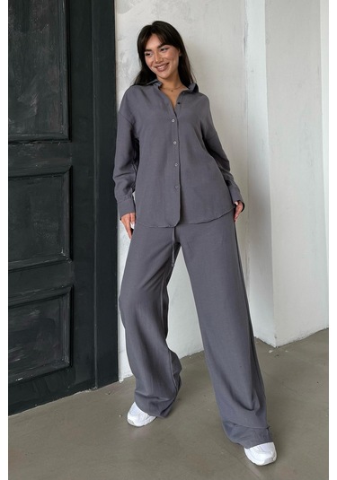 Madmext Füme Keten Kadın Gömlek Pantolon İkili Takım Mg2356 Füme