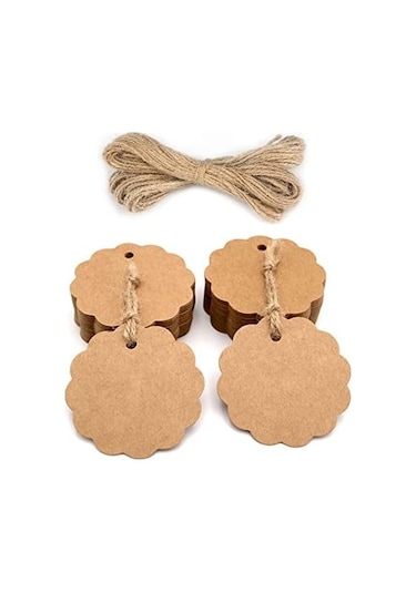 Yuvarlak Kraft Kağıt Etiketleri 5.2x5.2cm, 100 Adet Jüt İkiz Hedi