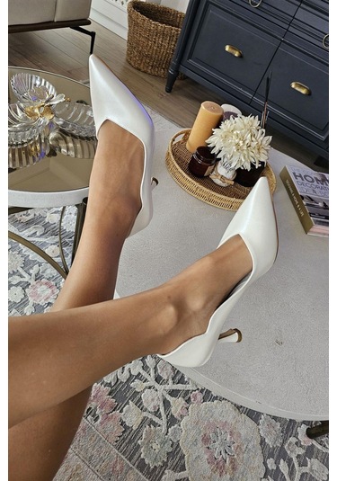 10 80 Topukla Kadın Beyaz Sedef 8cm Topuklu Stiletto Sedef