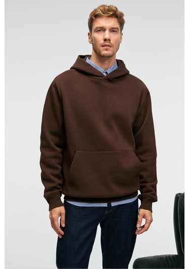 AMOS Erkek Yumuşak Kumaşlı 3 İplik Oversize Kapüşonlu Kanguru Cepli Acı Kahve Sweatshirt