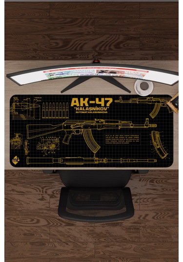 Ak 47 Siyah Kalaşnikov Cs Dikişli Kauçuk Oyuncu Mousepad - 90x40 Gaming Mouse Pad Ak-47 Sarı